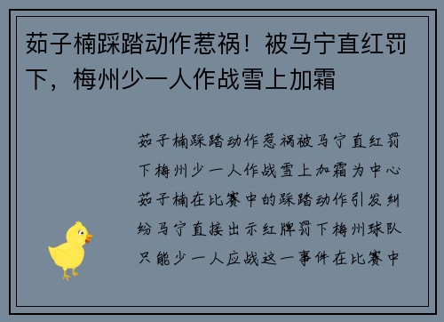 茹子楠踩踏动作惹祸!被马宁直红罚下,梅州少一人作战雪上加霜 茹子楠踩踏动作惹祸!被马宁直红罚下,梅州少一人作战雪上加霜